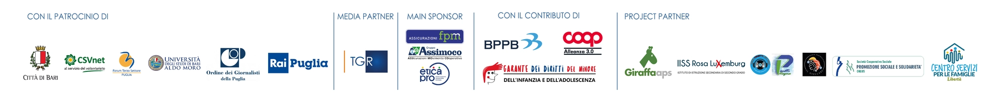 Con il patrocinio di: Città di Bari; CSVnet; Forum Terzo Settore Puglia; Università degli Studi di Bari Aldo Moro; Ordine dei Giornalisti della Puglia; Rai Puglia. Media Partner: TGR. Main sponsor: Assicurazioni fpm; Gruppo Assimoco ASSicurazioni MOvimento COoperativo; etica pro. Con il contributo di: BPPB; Coop Alleanza 3.0; Garante dei diritti del minore dell'infanzia e dell'adolescenza. Project partner: Giraffa APS; IISS Rosa Luxemburg; Panetti Pitagora; Radio Panetti Network; Compagnia Teatrale Il Giullare; Società Cooperativa Sociale Promozione Sociale e Solidarietà Onlus; Centro Servizi per le Famiglie Libertà. Meeting del Volontariato 2025