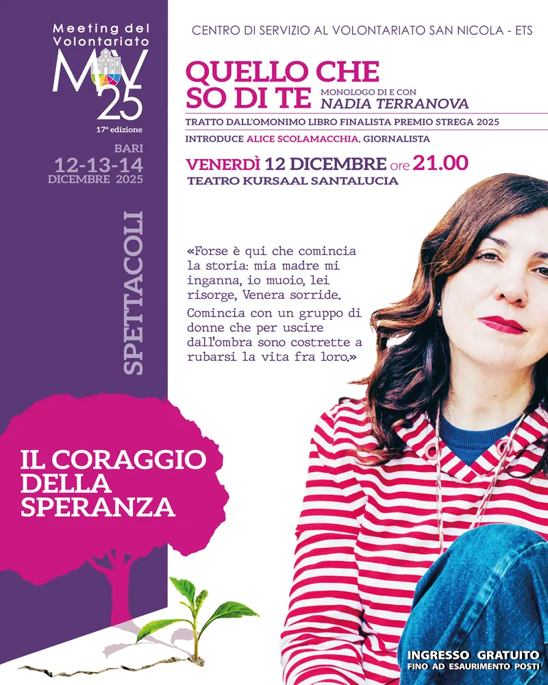 Banner dello spettacolo «Quello che so di te» del Meeting del Volontariato 2025.