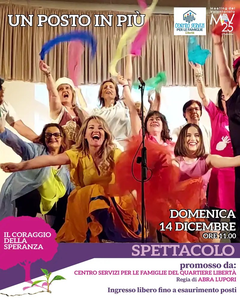 Banner dello spettacolo «Un posto in più» del Meeting del Volontariato 2025.