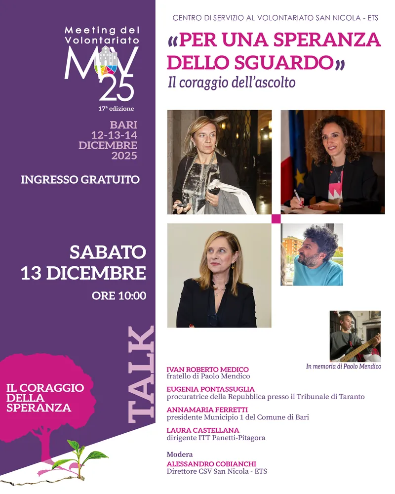 Banner dell'incontro «Per una speranza dello sguardo» del Meeting del Volontariato 2025.