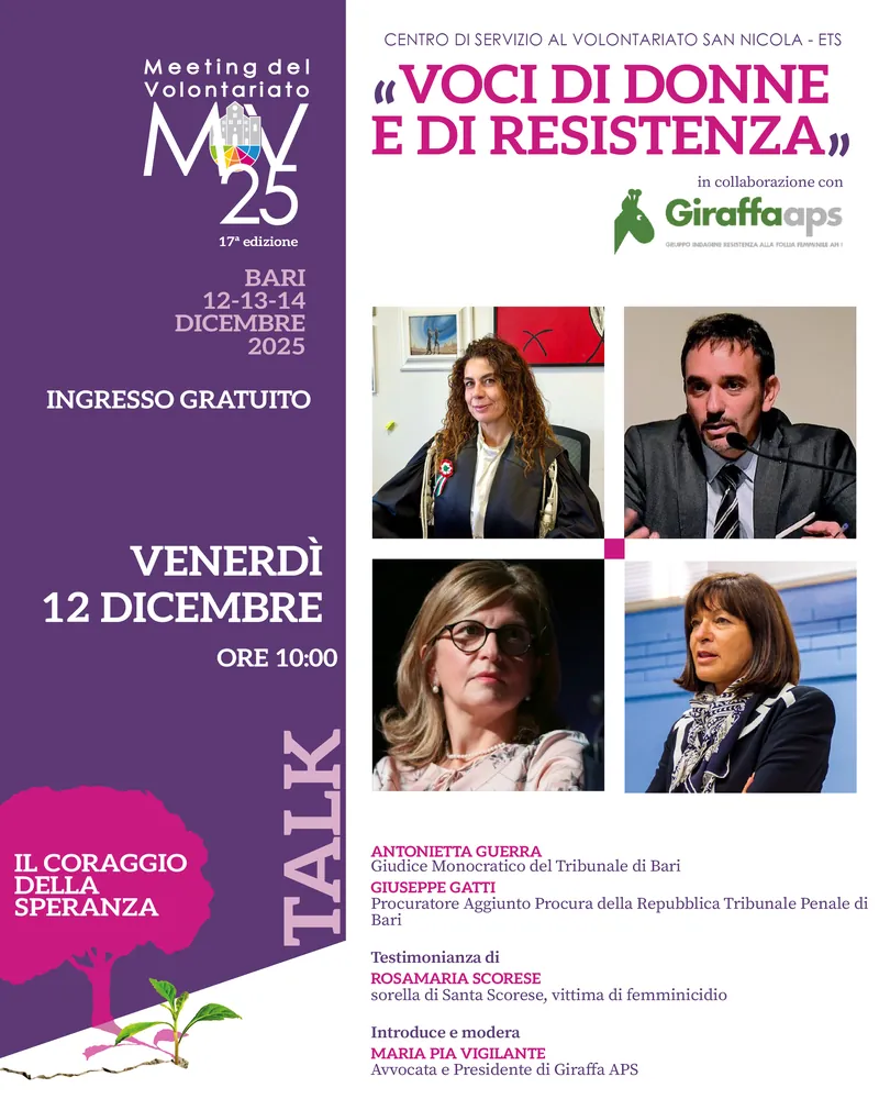 Banner dell’incontro «Voci di donne e di resistenza» del Meeting del Volontariato 2025.